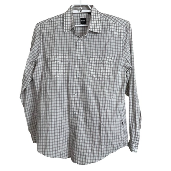 BOSS Hugo Boss Other - BOSS Hugo Boss Preston Shirt Mens Large Tan Plaid Slim Fit Long Sleeve Button Up